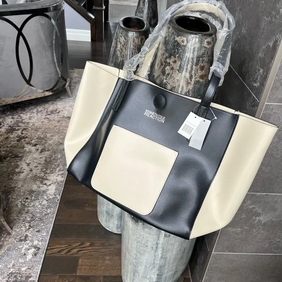 Brand new with tags large 12 x 19“ Kenneth Cole, black cream, tote bag, faux - Picture 4 of 12